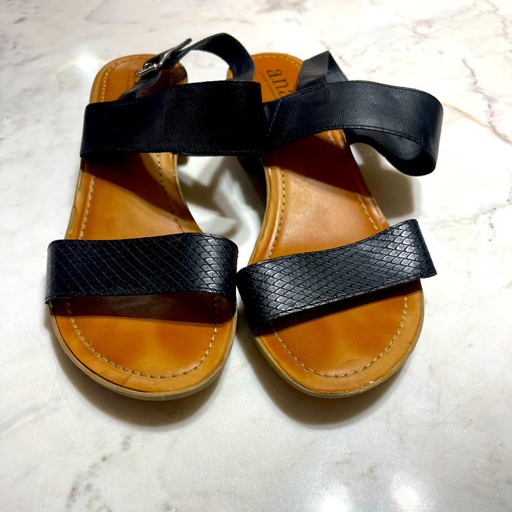 a.n.a heeled strappy sandals, size 9, gently used, black snake skin design & tan